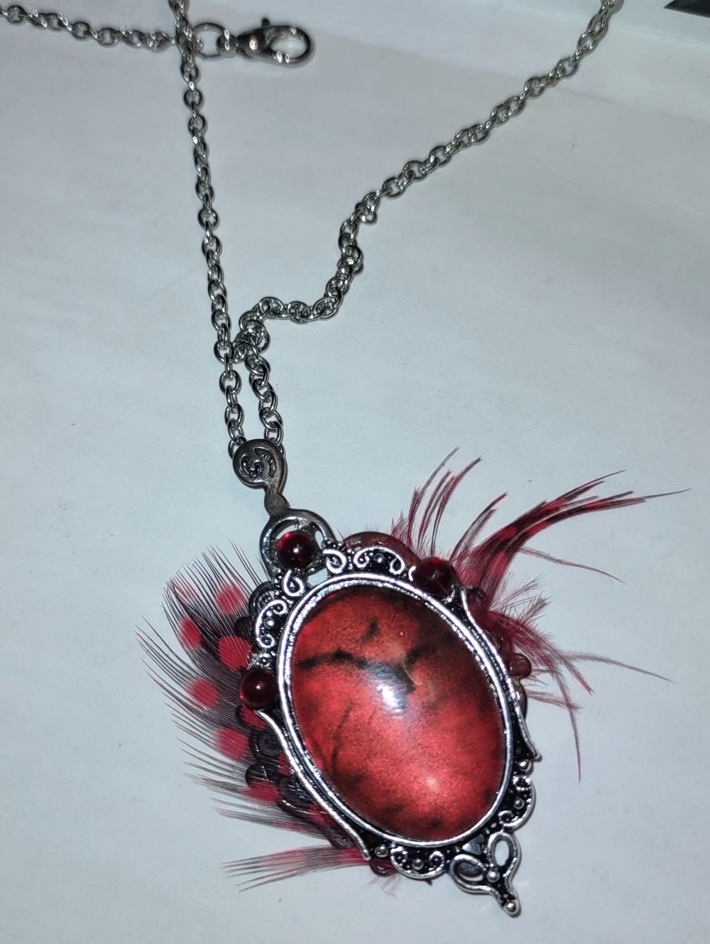 Red Cabochon Pendant Red & Black Feathers on Silver Plated Chain